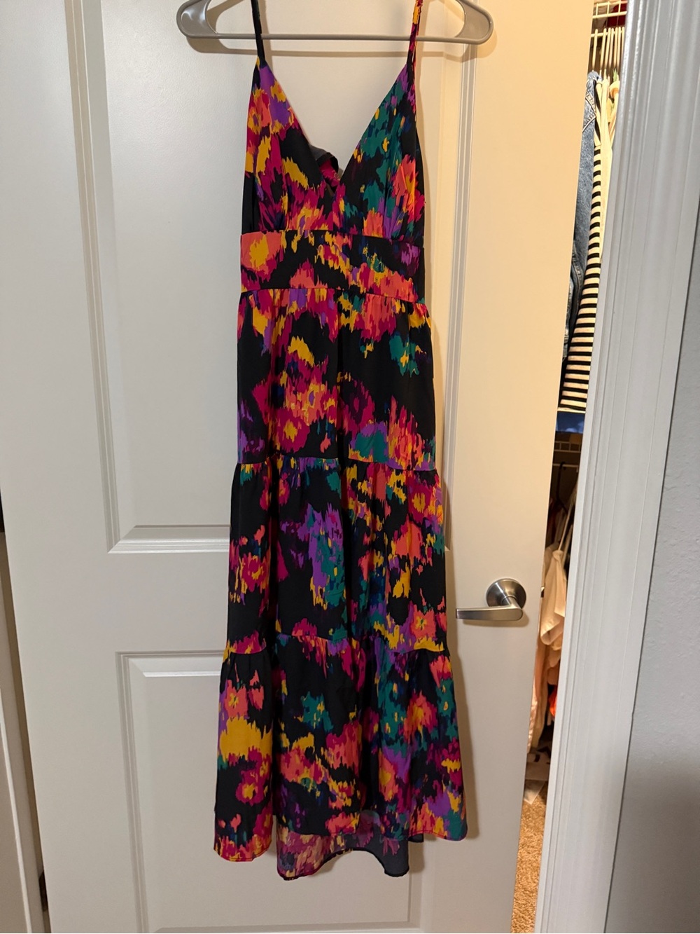 Vibrant Abstract Print Maxi Dress - Black with Pink, Yellow & Teal